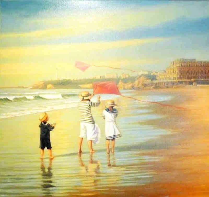 Enfants au cerf-volant sur la plage de Biarritz par Carlos Cobian Gil-Delagado