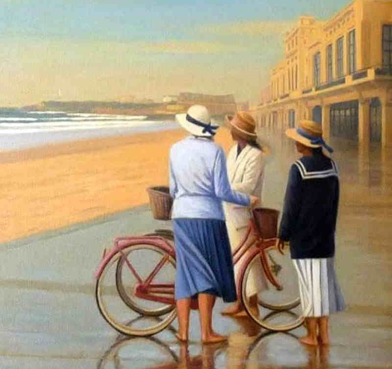 juenes femmes &agrave; la  bicyclette sur la promenade de Biarritz par Carlos Cobian Gil-Delagado