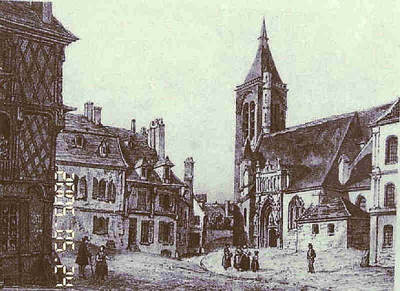 Bourges, place e la Barre et &eacute;glise Notre-Dame, litho 1849