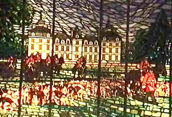 Cheverny; vitrail,la chasse &agrave; cour