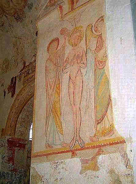 Fresque 12e si&egrave;cle de l'&eacute;glise romane de Lavardin