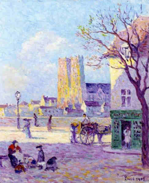 La cath&eacute;drale Ste-Croix, vue de la place de la BAscule par Maximilien Luce