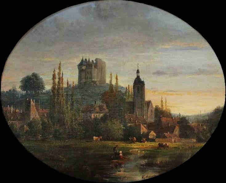 Eglise St-Laurent et ch&acirc;teau St-Jean  vus  des  prairies de la Cascade &agrave; Nogent-le-Rotrou