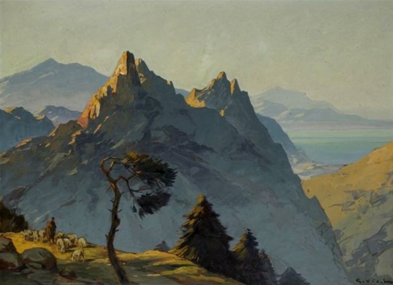 Berger et son troupeau dans la montagne corse par Gustave Vidal