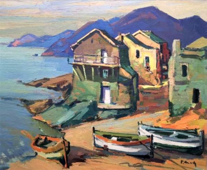 Maisons et  barques en bord de mer &agrave; Pino par  Pierre Bach