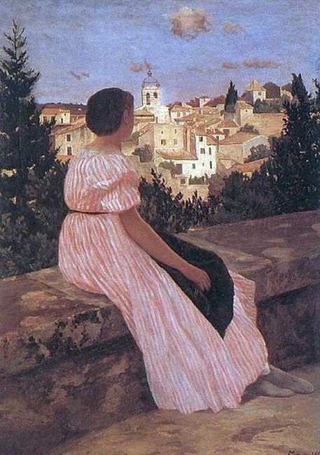 Femme en habit rose decant Castelnau par Fr&eacute;d&eacute;ric Bazille