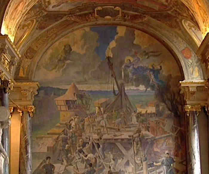 Galerie des Illustres du Capitole de Toulouse : fresque de la d&eacute;fense de Toulouse en 1218