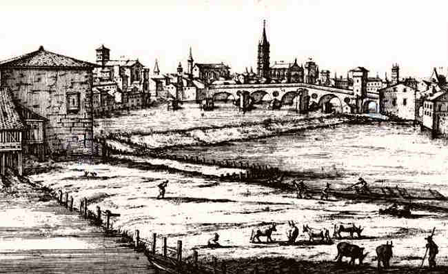 Le gu&eacute; de Bazacle, sur la Garonne, &agrave; Toulouse,  litho 1642