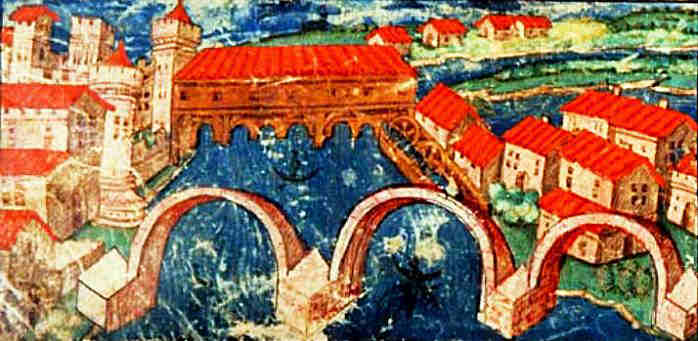 Le pont de Tounis sur la garonnette et les moulins du chateau narbonnais - peinture