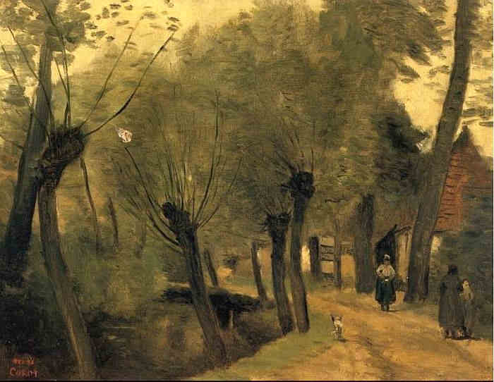 Route bord&eacute;e de saules &agrave; la Buissi&egrave;re par Jean-Baptiste Corot
