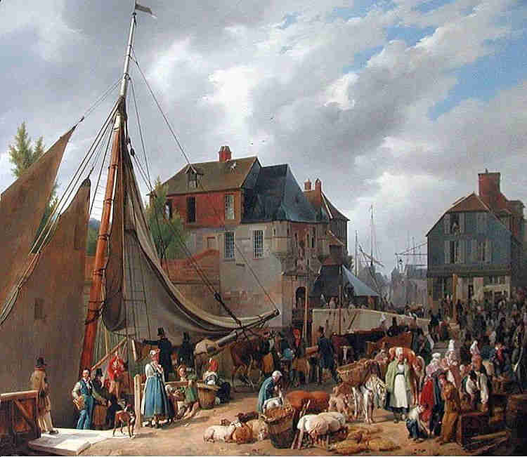 Embarquement des bestiaux  sur le "Passager" dans le port de Honfleur par Auguste Xavier Leprince