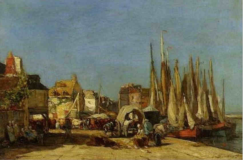 Embarquement des bestiaux  sur le "Passager" dans le port de Honfleur par Auguste Xavier Leprince