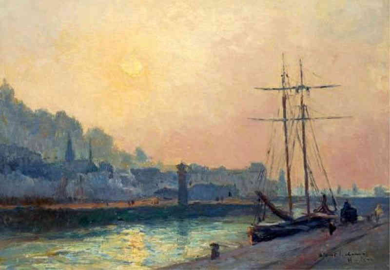 Les bassins du port de Honfleur soleil couchant par Albert Lebourg