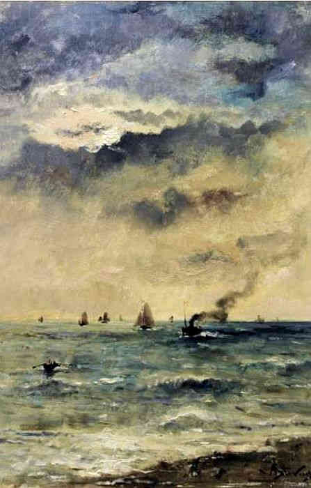 Vapeur et bateaux de p&ecirc;che  au large de Honfleur par Alfred Stevens