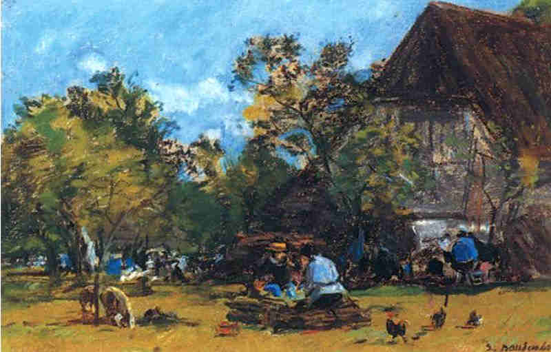 A la  ferme St-Sim&eacute;on avec Jongkind, Lonet et Achard  par Eug&egrave;ne Boudin