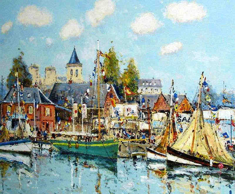 Bateaux pavois&eacute;s dans le port de Caen par Jean-Pierre Dubord