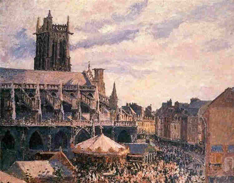 La foire pr&egrave;s de l'&eacute;glise St-Jacques &agrave; Dieppe par Camille Pissaro