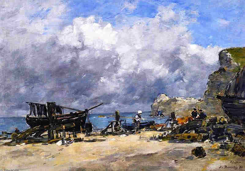 Etretat  bateaux de p&egrave;che et p&ecirc;cheurs sur la plage par Eug&egrave;ne Boudin