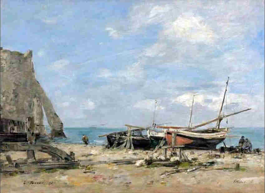 Etretat, bateaux de p&egrave;che  sur l a plage et falaise d'aval par Eug&egrave;ne  Boudin