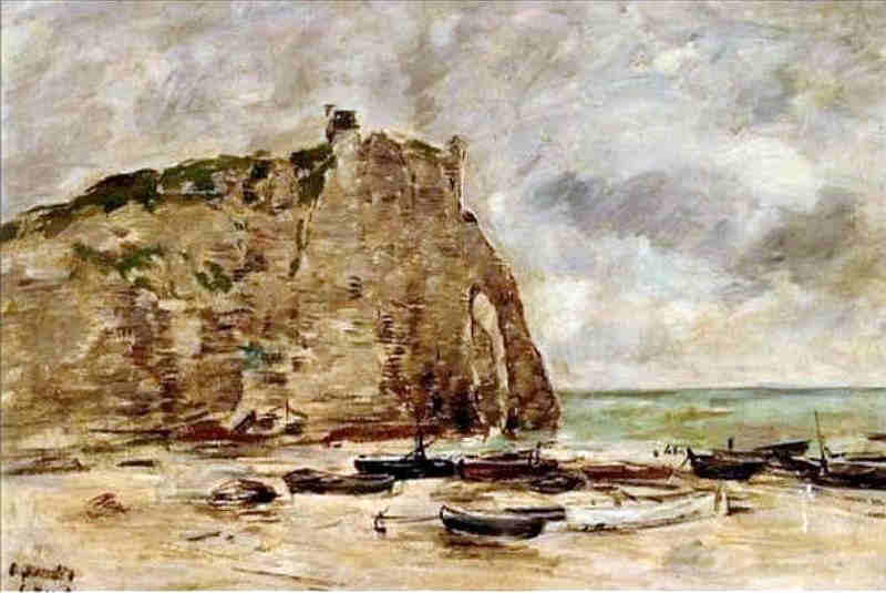 Etretat, bateaux &eacute;chou&eacute;s et falaise d'aval par Eug&egrave;ne Boudin
