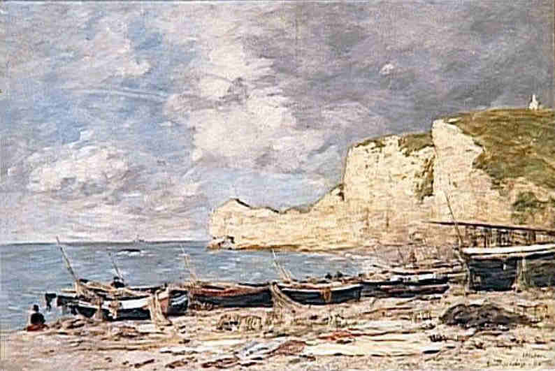 Etretat, falaise d'Amont, barques de p&ecirc;che &eacute;chou&eacute;es  par Eug&egrave;ne Boudin
