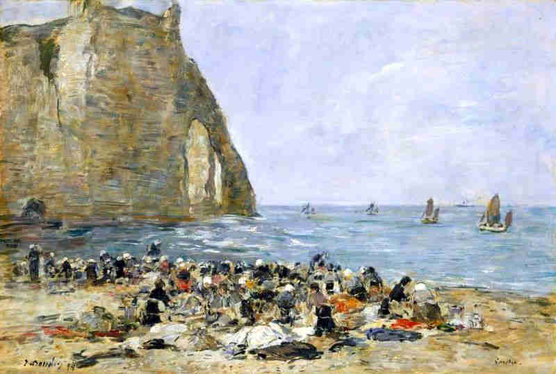 Femmes lavant leur linge sur la plage d'Etretat  par Eug&egrave;ne Boudin