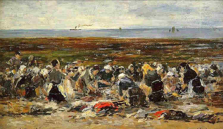 Etretat, lavandi&egrave;res sur la plage, &agrave; mar&eacute;e basse par Eug&egrave;ne Boudin