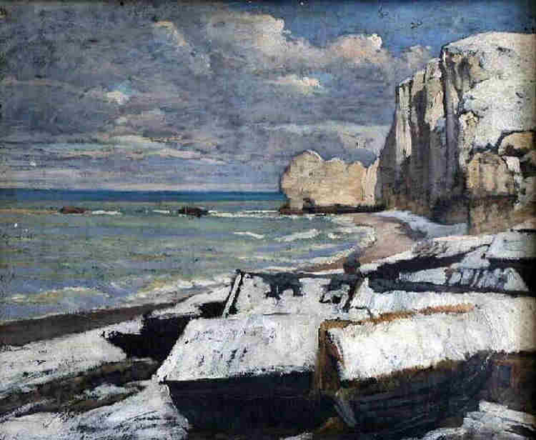 La plage d'Etretat par temps de neige par Gustave Courbet