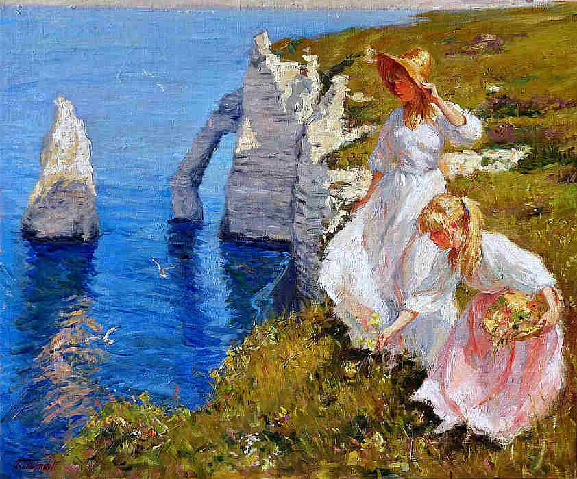 Deux  jeunes filles au bord de la falaise d'Etretat par Boris Tchoubanoff