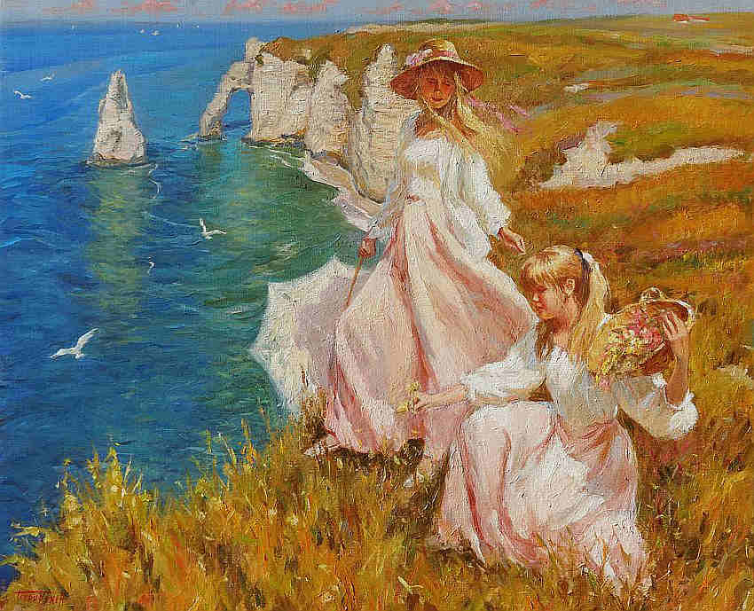 Deux  jeunes filles au bord de la falaise d'Etretat par Boris Tchoubanoff