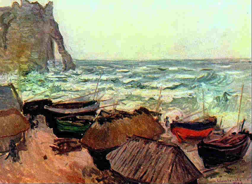 Bateaux et cabanes de p&ecirc;cheurs sur la plage d'Etretat par Claude Monet