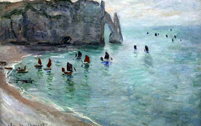 Etretat, la porte Aval avec  bateaux partant &agrave; la p&ecirc;che par Claude Monet
