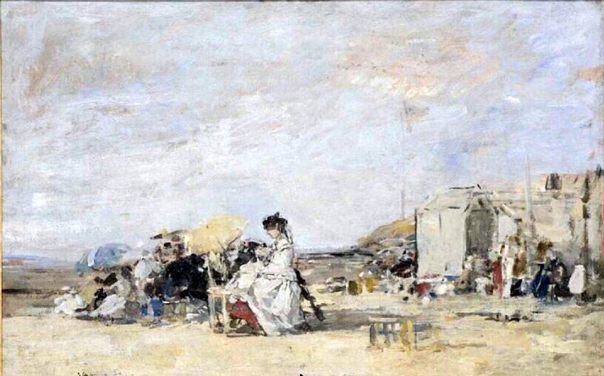 Dame en  blanc sur la plage de Trouville  par Eug&egrave;ne Boudin