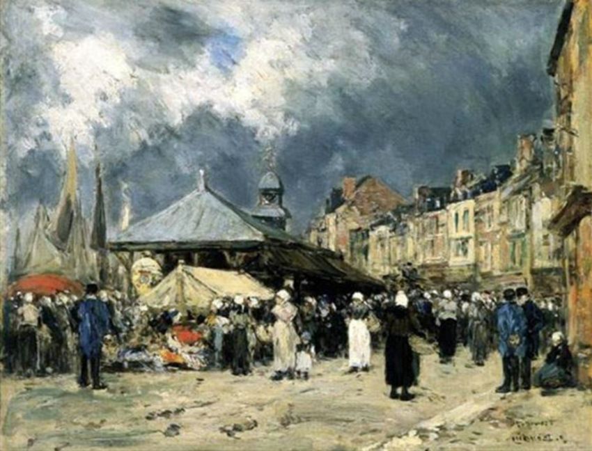March&eacute; et halle aux poissons &agrave; Trouville  par Eug&egrave;ne Boudin