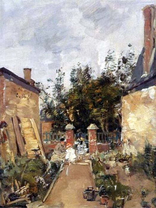 mamde S et ses enfants dans leur jardin &agrave; Trouville par Eug&egrave;ne Boudin