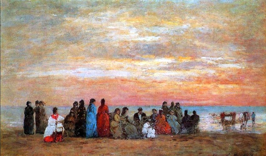 Personnages soleil couchant sur la plage de Trouville  par Eug&egrave;ne Boudin