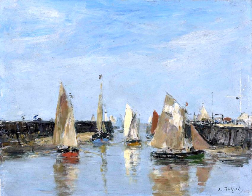 Les jet&eacute;es &agrave; Trouville, mar&eacute;e haute par Eug&egrave;ne Boudin