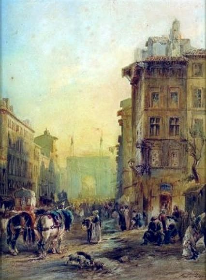 Vue d'une rue  anim&eacute;e avec la porte d'Aix par F&eacute;lix Ziem