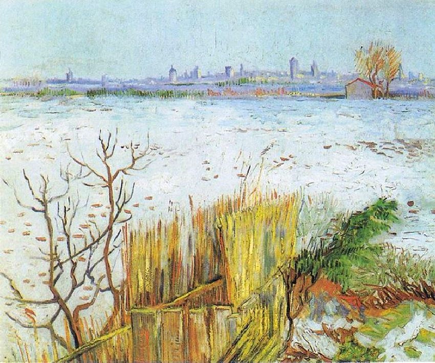 paysage sous la  neige avec Arles en fond, par Van Gogh