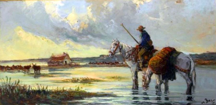 Gardian et cabane dans la lagune par Maurice Barle