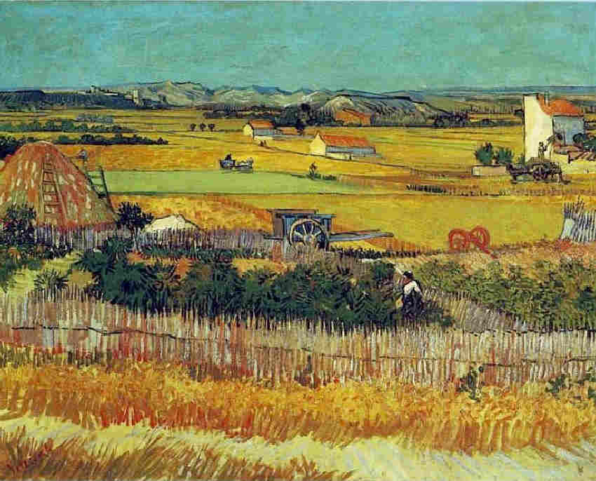 La moisson dans la Crau, avec l'abbaye de Montmajour en fond, par Vincent van Gogh