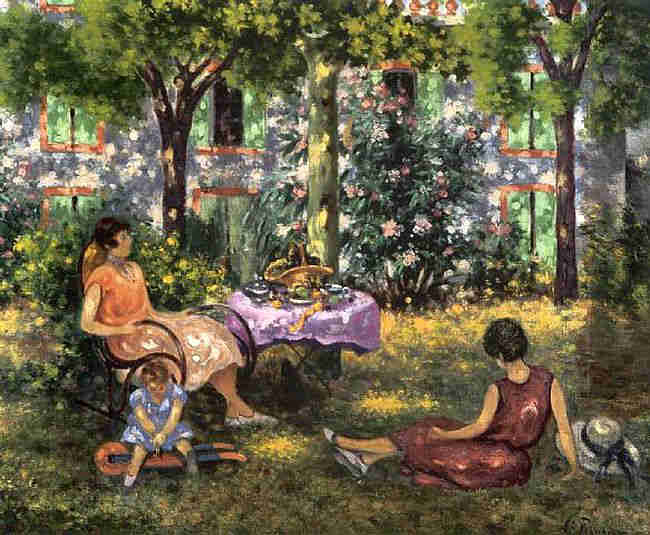 M&egrave;re et ses deux enfants  dans un  jardin  &agrave;  St-Tropez par Auguste P&eacute;gurier
