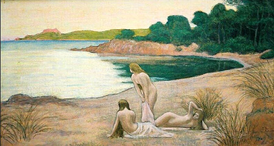 Trois baigneuses, fin de journ&eacute;e &agrave; Porquerolles par Jean Francis Auburtin