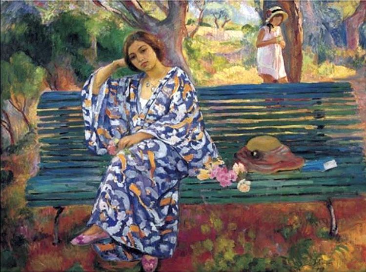 Sur un banc vert &agrave; Sanary par Henri Lebasque