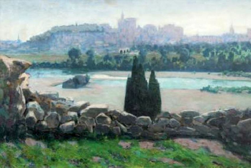 Paysage de l'&icirc;le Piot, Avignon au loin par Marius Roux Renard