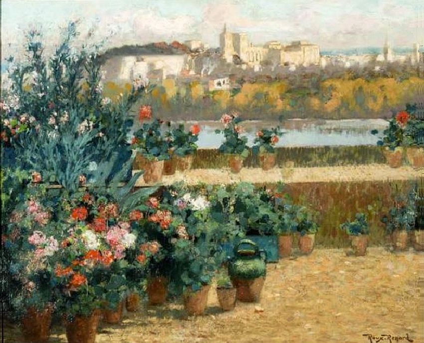 Terrasse aux g&eacute;raniums avec vue sur  Avignon par Marius Roux Renard