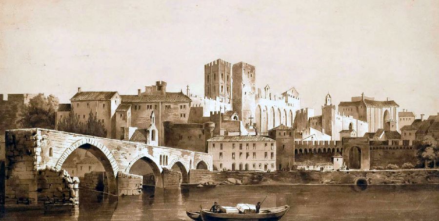 Pont B&eacute;nezet et palais des papes d'Avignon par Eug&egrave;ne Isabey