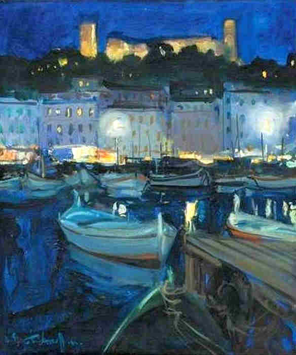 Port de Cannes la nuit et le Suquet par Serge Kislakoff