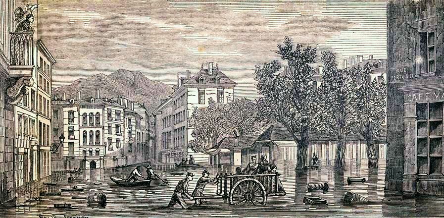 Place Saint-Claire &agrave; Grenoble, inond&eacute;e en novembre 1859 par Diodore Rahoult