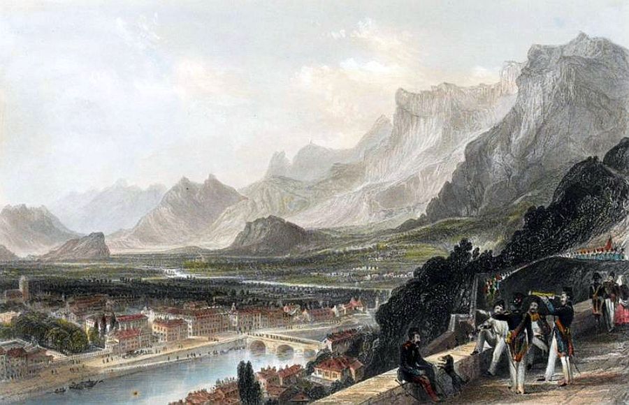 Vue de Grenoble, militaires sur le chemin de la Bastille